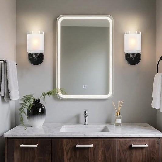 Wall Sconces Set of Two, Rotatable Bathroom Sconces with Thickened Frosted Glass Shades, Modern Vanity Light Wall Mount Lighting Lanterns for Bedroom Living Room Hallway Mirror(Black,E26 Base)