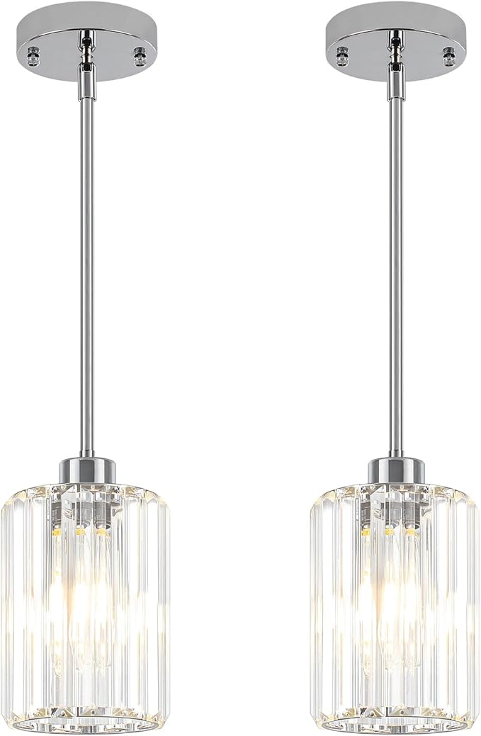 Chrome Pendant Lights,2 Pack Crystal Pendant Lighting for Kitchen Island, Modern Mini Kitchen Chandeliers Hanging Pendant Lights for Bedroom Dining Room Hallway