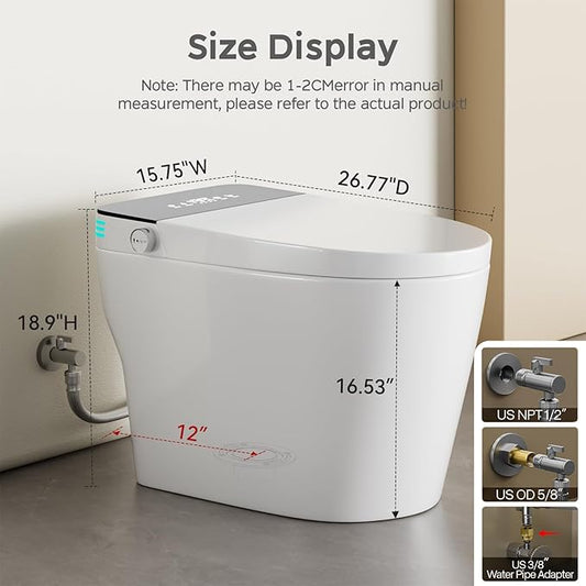 Smart Toilet with Bidet Built In, One Piece Bidet Toilet with Auto Dual Flush, Foam Shield, Modern Elongated Tankless Toilet with Foot Sensor, Heated Bidet Seat, Warm Water & Dryer,LED Display