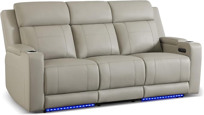 Dual Motor Power Reclining Sofa, Breathable Leather Reclining Couch with Power Headrest/LED Light/Armrest Storage, Recliner Sofa 3 Seater for Living Room (Grey, 3 Seater)