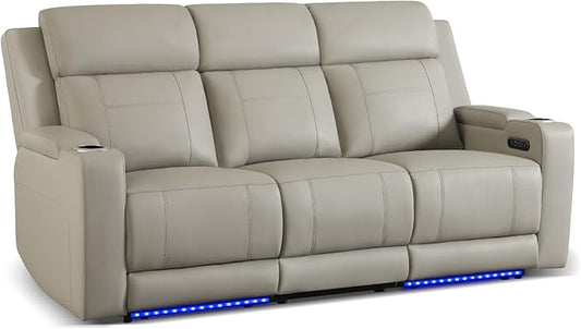 Dual Motor Power Reclining Sofa, Breathable Leather Reclining Couch with Power Headrest/LED Light/Armrest Storage, Recliner Sofa 3 Seater for Living Room (Grey, 3 Seater)