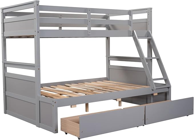 Twin Over Full Bunk Beds with 2 Under Bed Storage Drawers, Stronger & More Stable Bunkbed, Gray