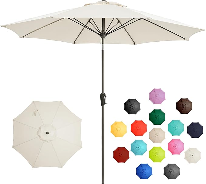 LOUNZY 9FT Large Outdoor Patio Umbrella Table Umbrella-UV Resistant,Easy Push Button Tilt and Crank,8 Sturdy Fiberglass Ribs Pool Umbrella for Patio,Backyard,Deck,Yard,Market