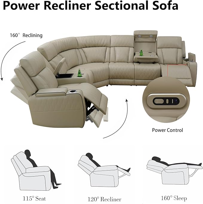 Power Recliner Sectional Sofa with LED Light, Breathing Leather Recliner Sofa Couch with USB Port/Cup Holder/Storage for Living Room (6 Seat Reclining Sectional Couch) (Khaki)