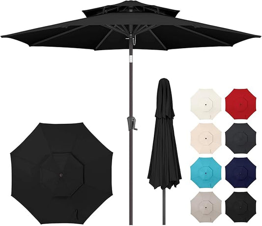 9ft Outdoor Patio Umbrella - 2-Tier Table Umbrella Waterprool UV Protection, Sombrillas de Patio with Push Button Tilt, Sun Umbrella for Pool, Porch, Garden, Backyard (Black)