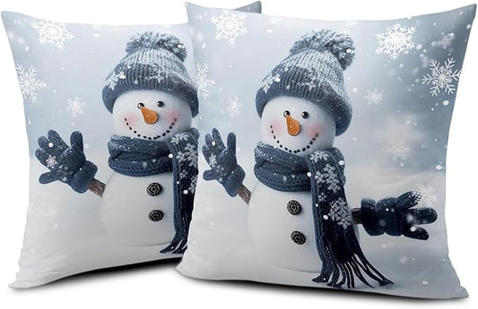 Snowman Pillow Covers 16x16 Set of 2 Winter Throw Pillow Cover Snowflake Pillowcase Simple Christmas Decor Cushion Covers Cotton Blend for Bed Sofa Living Room