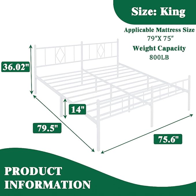 14 Inch King Size Bed Frames with Headboard/Footboard, Under Bed Storage, Strong Metal Slats Support, No Box Spring Needed, Noise Free, Easy Assembly, White