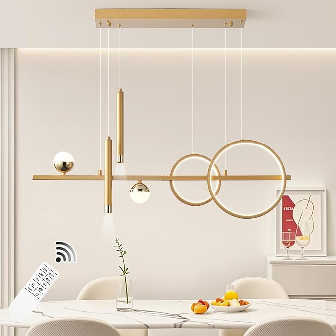 LED Gold Chandeliers for Dining Room, 39in Dimmable Modern Chandelier Gold Pendant Lights for Kitchen Island, Linear Ring Globe Pendant Light Fixtures Dining Room Lights Ceiling Hanging