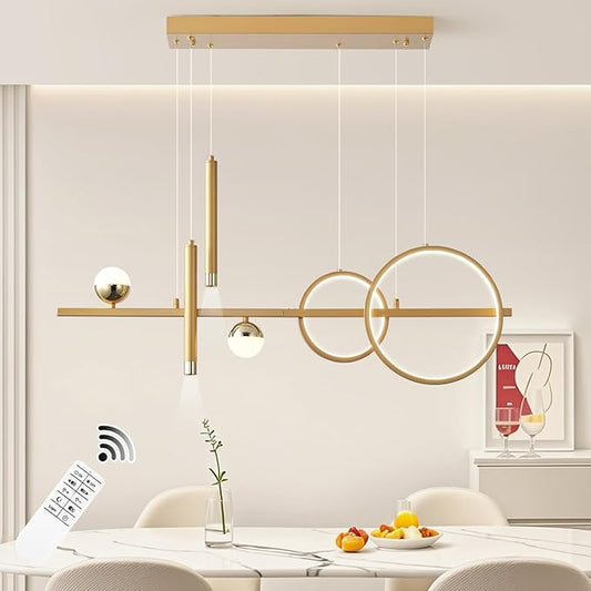 LED Gold Chandeliers for Dining Room, 39in Dimmable Modern Chandelier Gold Pendant Lights for Kitchen Island, Linear Ring Globe Pendant Light Fixtures Dining Room Lights Ceiling Hanging