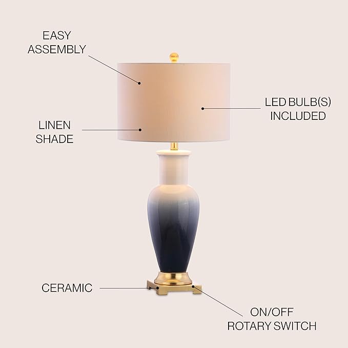 JONATHAN Y 31.5" White/Navy Blue Dip Dye Ceramic Table Lamp for Living Room, Large Bedside Lamp for Bedroom with White Linen Drum Shade, Traditional End Table Light, LED Bulb JYL3017A