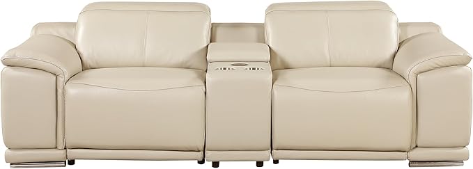 Blackjack Furniture Venice Top Grain Italian Leather Power Recline 6 Piece 5 Seater Sofa - 107" Theater Seating Modern Couch for Living Room Apartment with Adjustable Headrests & USB Port, Beige