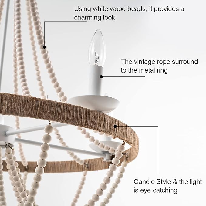 Wood Beaded Chandelier 5 Lights Boho Candle French Country Farmhouse Chandelier Bohemia Pendant Light for Living Room Dining Room Kitchen Foyer, Distressed White, Dia 26”