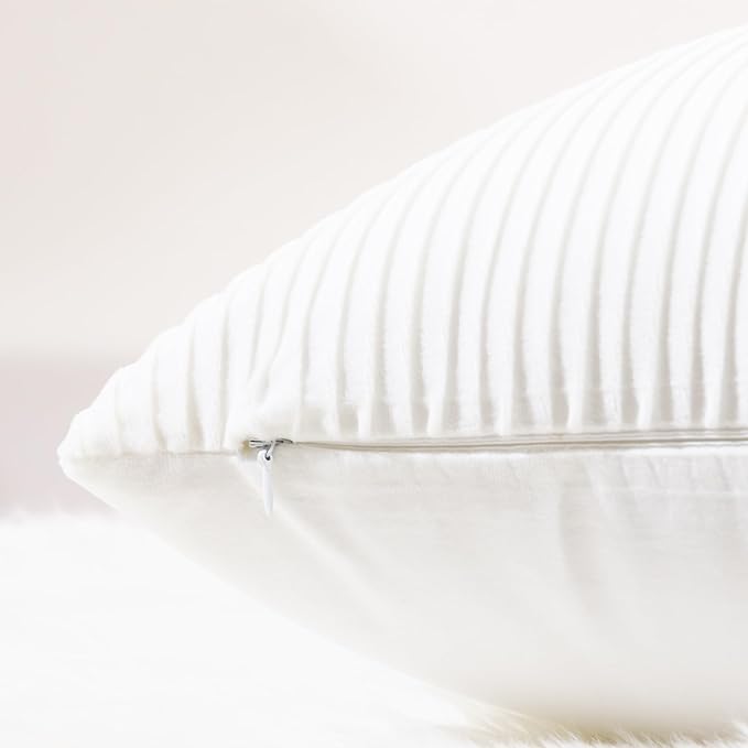 YCOLL White Pillow Covers 16x16 Set of 2 Velvet Striped Pattern - Soft Throw Pillows for Home Decor, Luxury Decorative Pillow Covers for Couch, Bed,Living Room