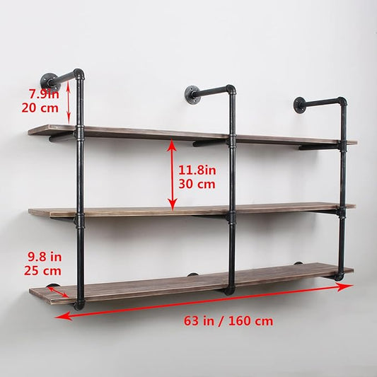 MBQQ Industrial Pipe Shelving Wall Mounted,63in Rustic Metal Floating Shelves,Steampunk Real Wood Book Shelves,Wall Shelf Unit Bookshelf Hanging Wall Shelves,Farmhouse Kitchen Bar Shelving(3 Tier)
