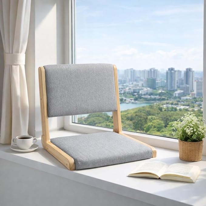 HollyHOME Foldable Japanese Style Floor Chair with Back Support, Wood Legless Tatami Chair with Cushion, Accent Meditation Seat for Bay Window, Living Room, Bedroom, Light Grey