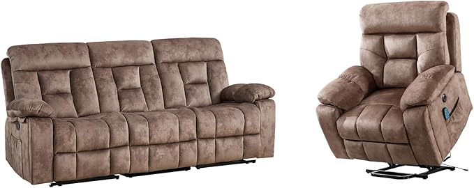 EBELLO 2 Piece Reclining Living Room Set, Soft Fabric Recliner Sofa Furniture Set, Included Power Lift Recliner Chair with Massage and Heat and 3 Seat Sofa, Brown
