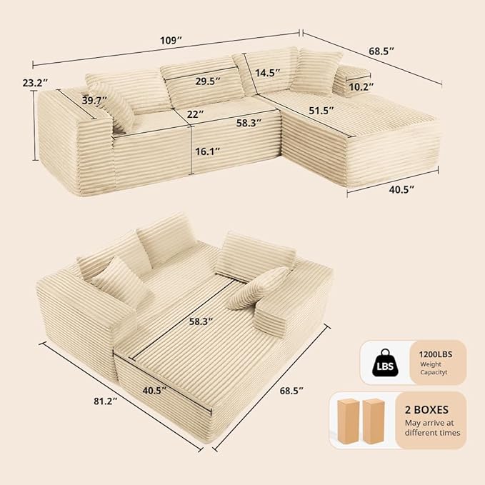 COMHOMA 105”Modular Sectional Sofa with Deep Seat,Cloud Upholstered L-Shape Couch Wide Arms Corduroy Fabric High-Density Foam Chaise Lounge for Living Room No Assembly Required