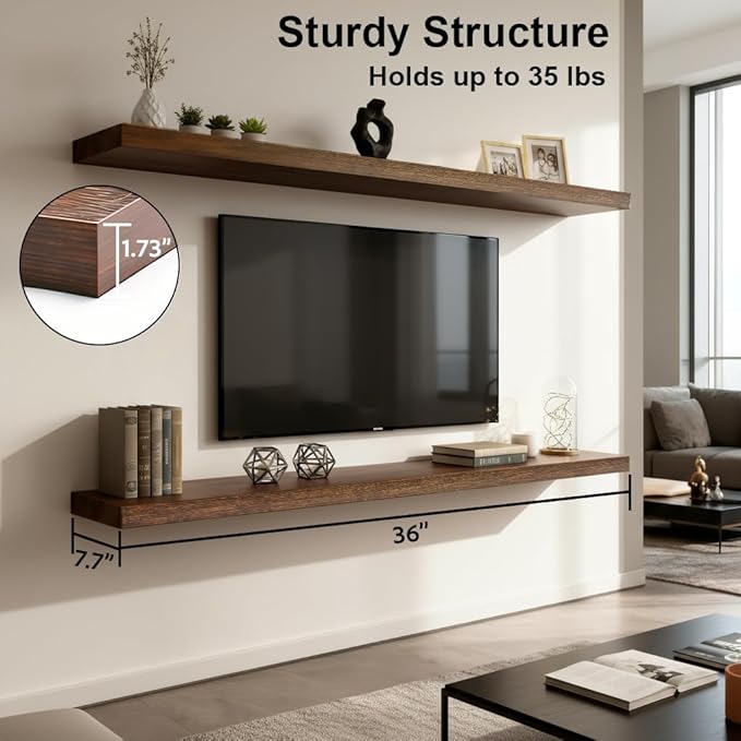Rustic Brown Floating Shelves - 36 Inch Engineered Wood Wall Mounted Storage Rack, Heavy Duty Farmhouse Decorative Display Shelves for Living Room, Bedroom, Kitchen, Bathroom, Set of 2