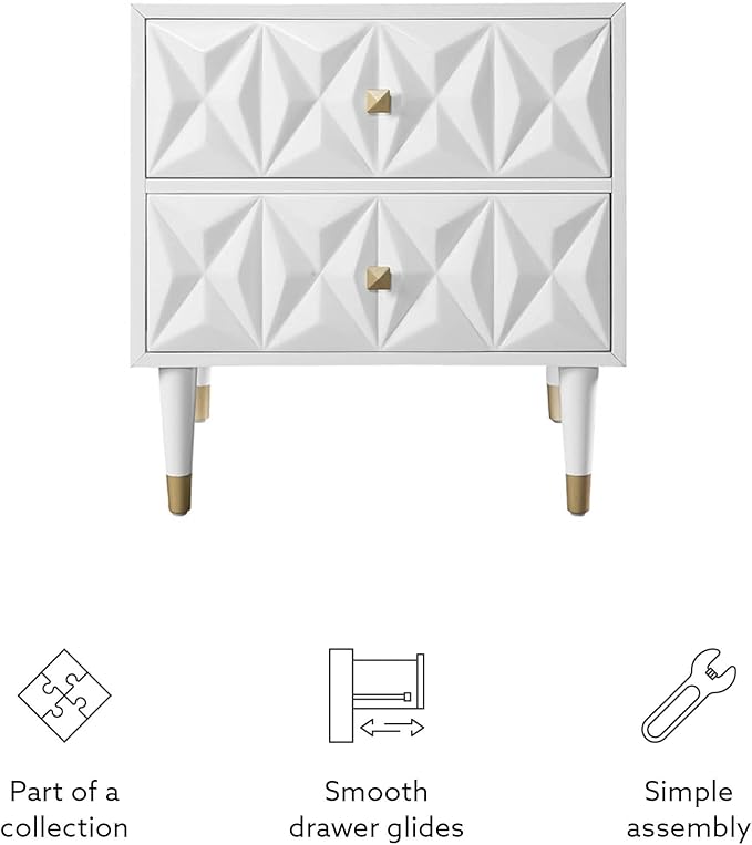 Linon Home Décor Sheerah Two Drawer Geo Texture White Nightstand, Gold