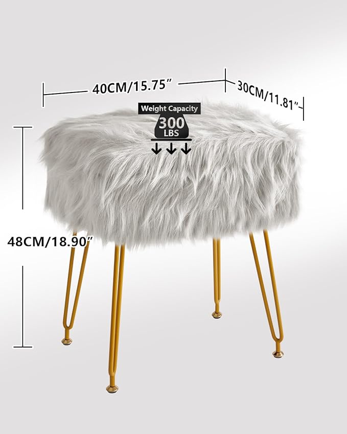 IBUYKE Rectangular Faux Fur Vanity Stool with Storage, Furry Makeup Chair Ottoman, Soft Padded Seat, Round Footrest Footstools with 4 Metal Legs, for Living Room Bedroom Entryway, Gray WBD022G