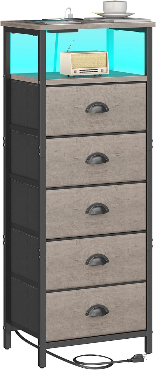 Nightstand with Charging Station,LED Grey Nightstand with 5 Fabric Drawers, Bedside End Tables, 2-Tier Open Storage Shelf Side Table Nightstand with Drawers for Bedroom, Grey