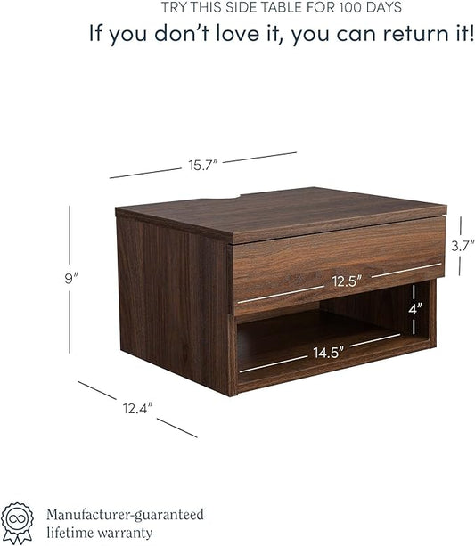 Nathan James Jackson Wall Mounted Floating Bedroom Nightstand with Storage Drawer and Modern Open Shelf Cubby, Dark Brown Walnut