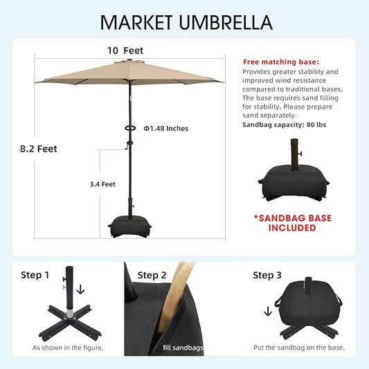 wikiwiki 10FT Patio Umbrella with Base, Outdoor Umbrellas with Base Included, 8 Sturdy Ribs, Waterproof Fade Resistant POLYESTER DTY Canopy for Deck, Lawn, Garden, Backyard & Pool, Beige