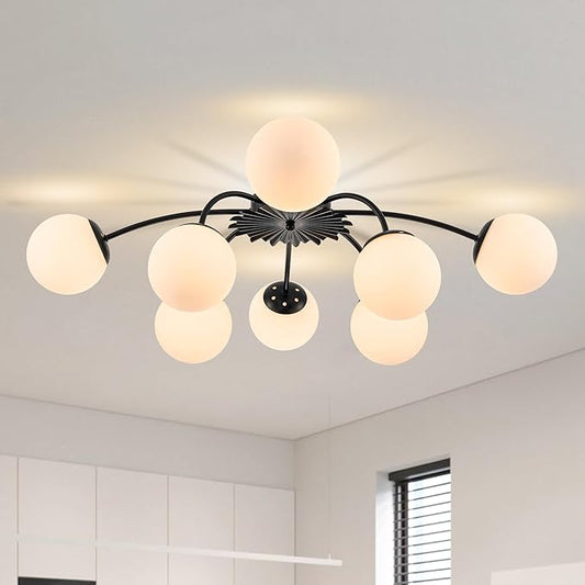 8-Light Milk Glass Pendant Light, 33" Sputnik Bubble Glass Chandelier Light Fixture, Hand Blown Semi Flush Mount Ceiling Chandeliers Lighting for Dining Room, Living Room (Black, 8-Light Ceiling)