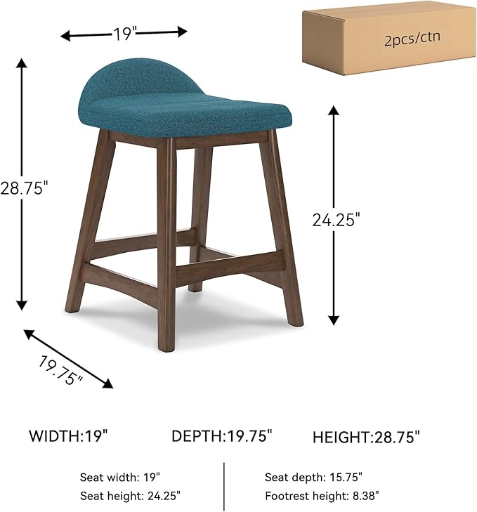 Signature Design by Ashley Lyncott Contemporary 24.25" Seat Height Counter Height Upholstered Bar Stool with Foam Cushion, 2 Count, Blue Fabric, Solid Hardwood Frame with Brown Finish