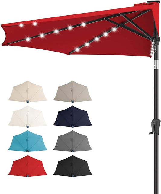 FLAME&SHADE 9 FT Solar Half Patio Umbrella with 25 LED Lights, Half Outdoor Umbrella with Button Tilt, Half Round Table Umbrella For Deck, Backyard, Balconies, Decks, Rvs, UV Protection (Red)