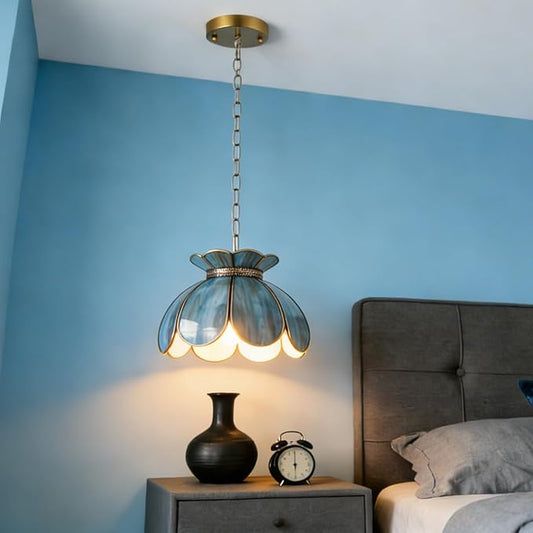 Brass Glass Ceiling Pendant Light, Hanging Chain lamp, with Vintage Lotus Flower Blue Green Glass Shade for Kitchen Island Dining Room Bedroom Living Room-7.9" Shade