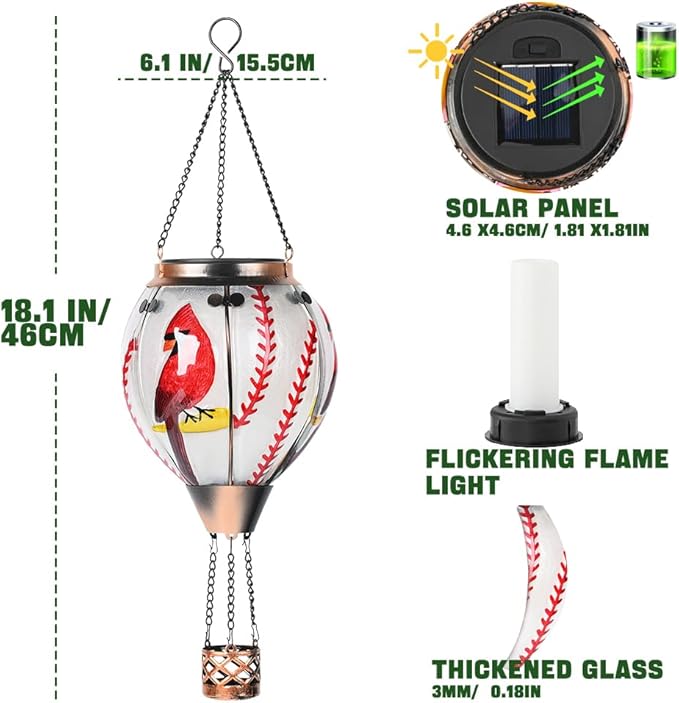 Hot Air Balloon Solar Lantern - Cardinal Bird Glass Lantern, Simulated Flickering & Dancing Flame, Outdoor Hanging Yard Light Waterproof IP65 for Patio Lawn Porch Decor Gift