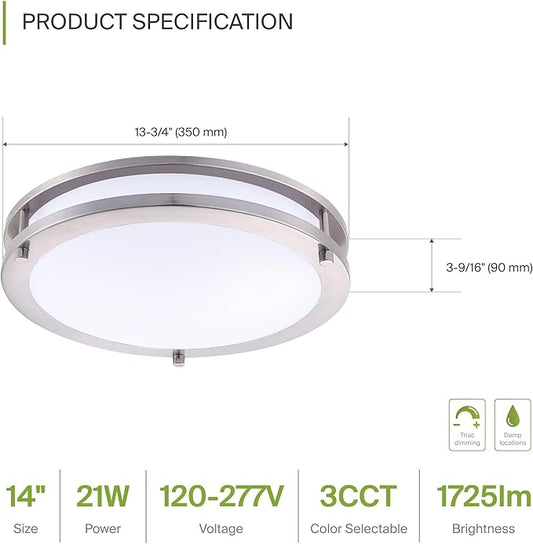 ASD LED 14" Round Flush Mount Lighting, Close to Ceiling Light Fixture | 3CCT, Dimmable, Energy Star, ETL Listed | 21W 1725LM 3000-5000K 100-277V | Low Profile Double Ring Lamp | Nickel