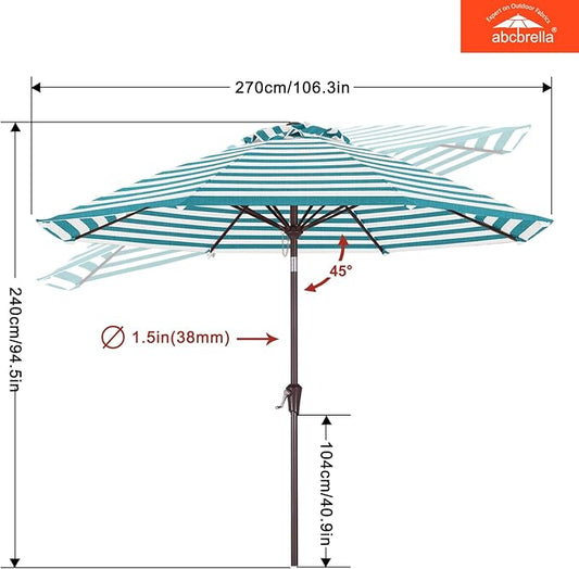 ABCCANOPY OLEFIN® 5-Year No Fading 9FT Patio Umbrella, Outdoor Table Umbrella with 8 Sturdy Ribs for Deck, Backyard, Yard (Turquoise Stripe)