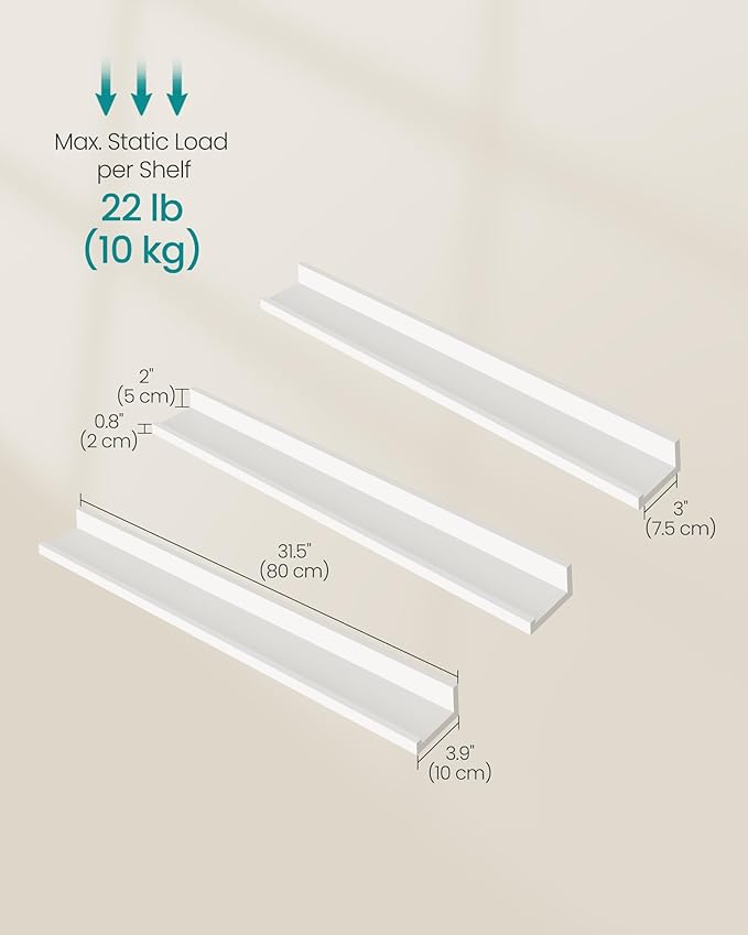 SONGMICS Floating Shelves, Set of 3 Wall Shelves, 31.5-Inch Wide, for Photo Frames and Trinkets, for Living Room, Home Office, Kitchen, Bathroom, White ULWS081W01