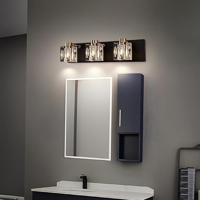 Modern Crystal Vanity Lights,3 Light Bathroom Vanity Light fixtures,Black and Gold Bathroom Lights Over Mirror,Wall Sconces Light for Bathroom,Hallway Bedside Stairway