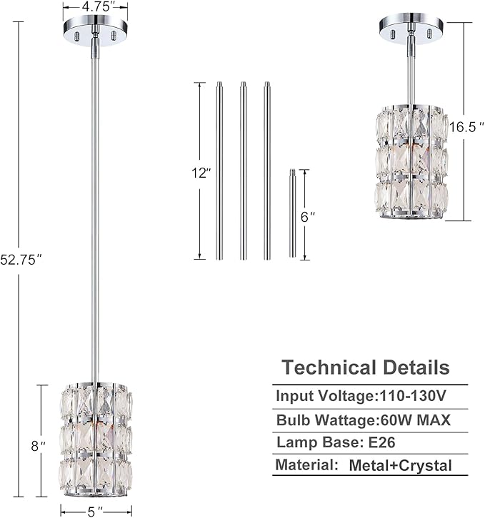 CALDION Chrome Crystal Pendant Lights Kitchen Island Modern Pendant Light Fixture, Mini Crystal Chandeliers, Adjustable Hanging Ceiling Lighting for Dining Room Bedroom (2 Pack)