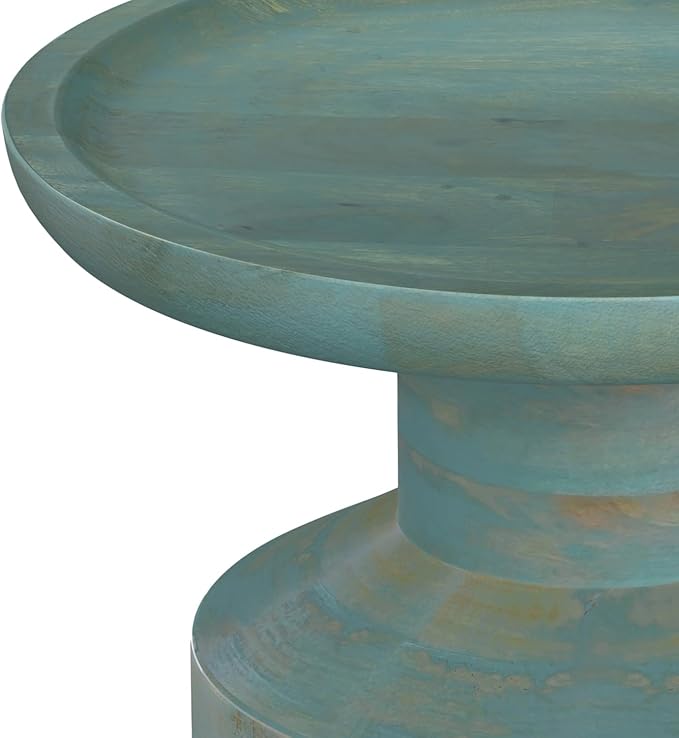 SIMPLIHOME Haynes End Table - 16 inch Wide Solid Mango Wood Round Accent Table with Sculptural Pedestal Base in Teal Wash, Boho Nightstand or Lamp Stand for Living Room or Bedroom, Assembled