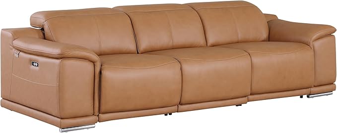 Blackjack Furniture Venice Top Grain Italian Leather Recliner 7 Seater 5 Power Reclining 3 Piece Sofa Set with Adjustable Headrests Modern Seating Sofa, Loveseat and Chair for Living Room , Cognac