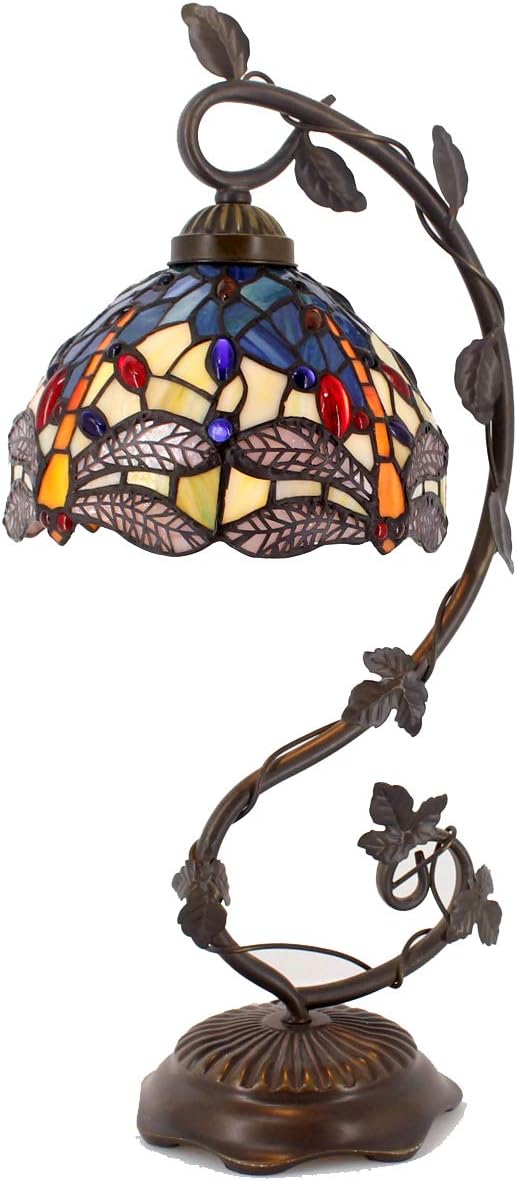 WERFACTORY Tiffany Lamp Stained Glass Table Lamp Blue Yellow Dragonfly Style Desk Light Metal Leaf Base 8X10X21 Inches Decor Small Space Bedroom Home Office S128 Series