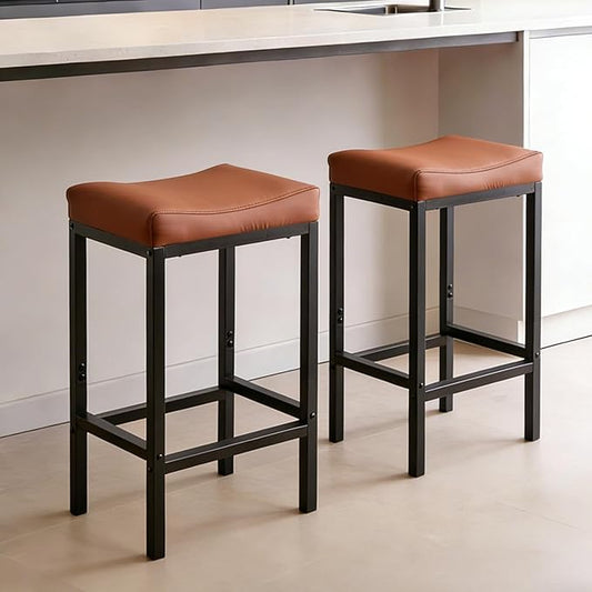 Counter Height Bar Stools Set of 2, 25.5 Inch, Faux Leather bar Stool, Saddle Barstool with Footrest,Stools for Kitchen Counter,Dining Room,Easy Assembly, Brown