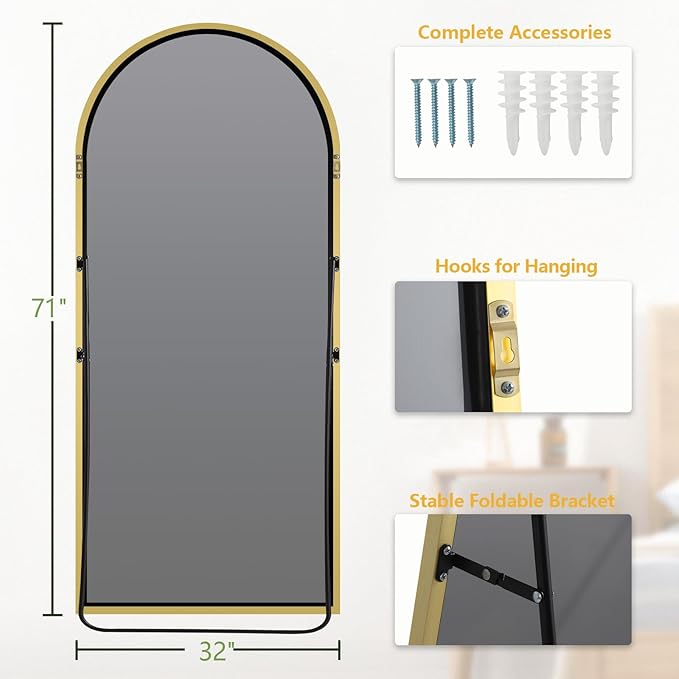 MELOMOIR Gold Mirror Full Length, 71"x32" Arched Floor Mirror for Bedroom, Living Room - Free Standing Hanging or Leaning