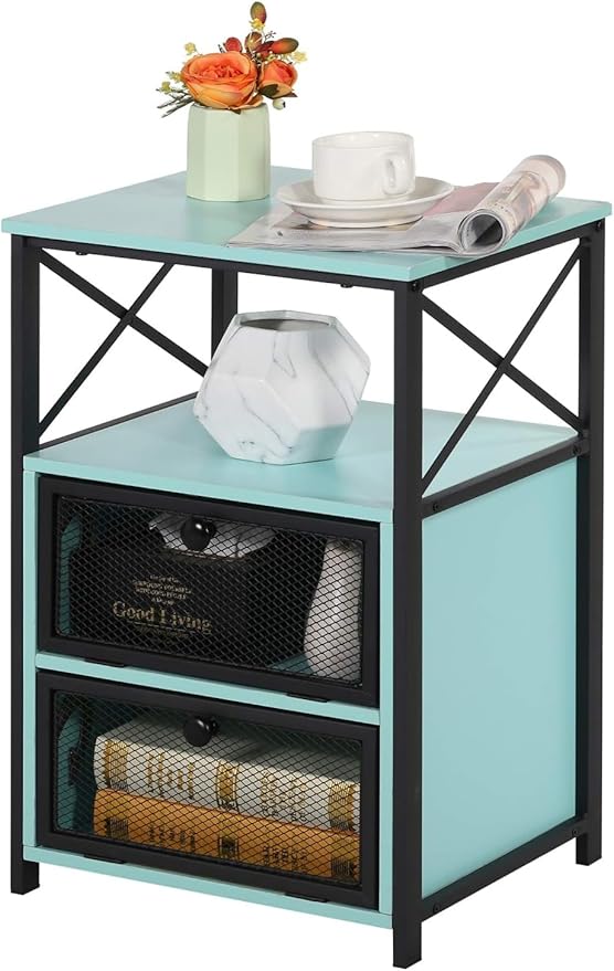 VECELO Nightstand Set of 1, End Table with Flip Drawer, Modern Night Stand for Bedroom,Living Room, Office, Easy Assembly,Azure Blue