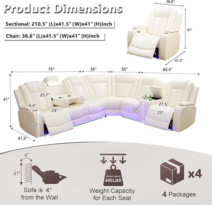 Leather Power Recliner Sectional Sofa Set with LED Lights, L Shaped Reclining Sectional Couch and Chair, Breathing Leather Sofa Set with Coffee Table/USB Port for Living Room