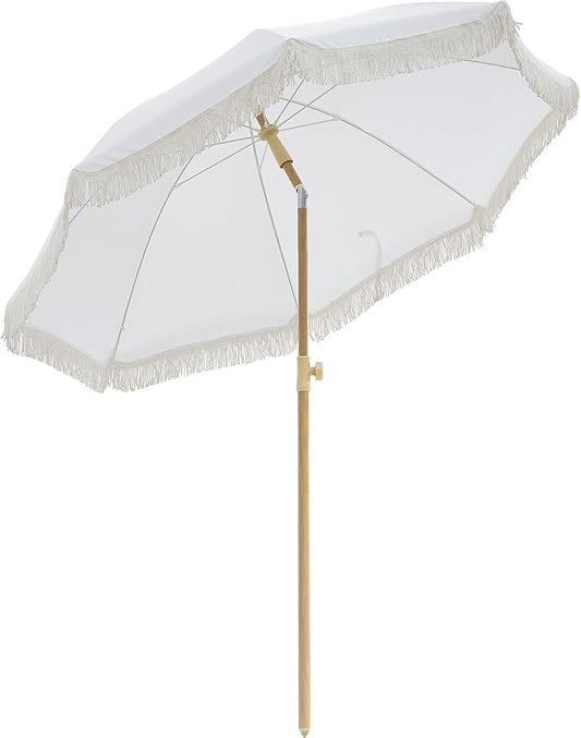 6.5FT Boho Patio Umberlla with Fringe,UPF50+ Outdoor Umbrella with Fiberglass Ribs and Push Button Tilt,Tassels Umbrella for Beach,Terrace,Picnic