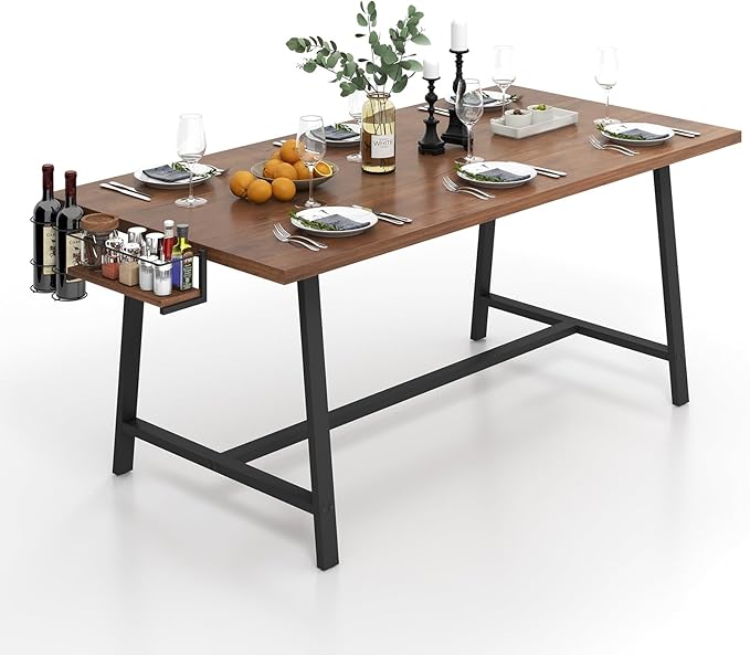 GOFLAME Dining Table for 5-7 People, 72” Large Wooden Kitchen Table with Wine Rack and Spice Rack, Rectangular Dinner Table with Metal Frame for Dining Room, Living Room, Walnut