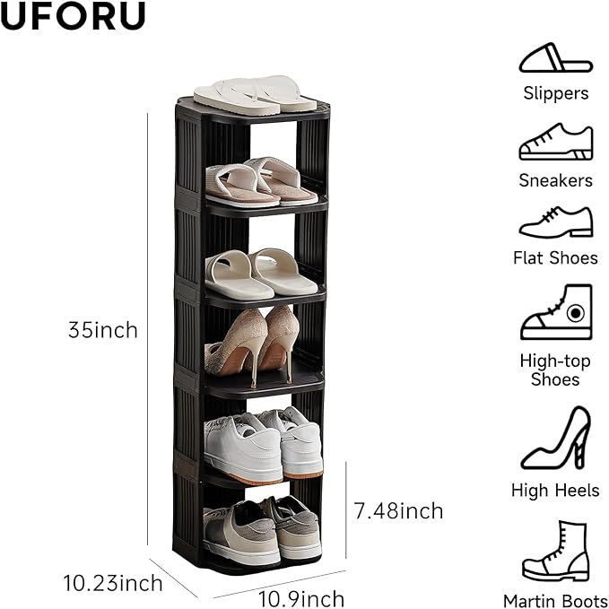 Vertical Shoe Rack, 6-Tier Plastic Stackable Storage Shelf for Small Closets and Narrow Spaces, Compact Free Standing Shoe Racks for Entryway Bedroom Dormitory