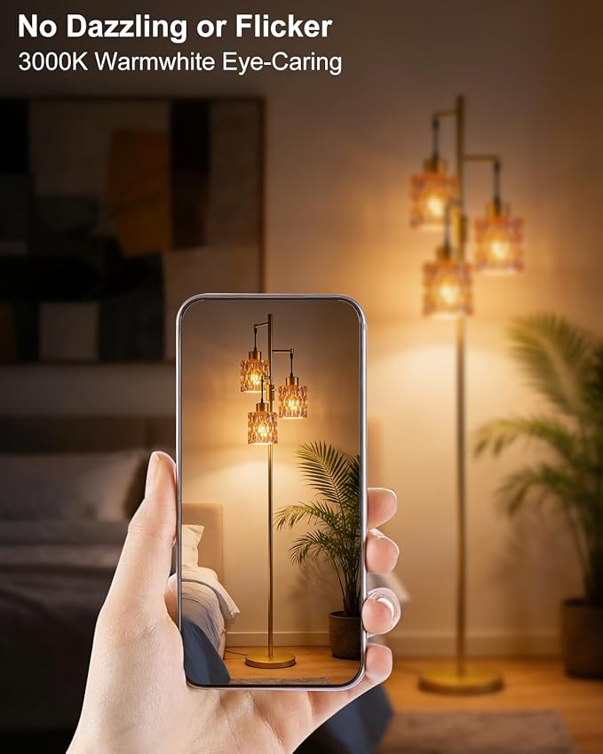 Lightdot 67" 3-Light Glass Floor Lamps for Living Room, Dimmable Floor Lamp with Brown Glass Shade& E12 Bulbs Included, Mid Century Standing Tall Lamp for Bedroom/Sofa Beside/Corner Decor-Gold