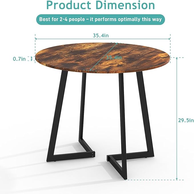 Karl home 35.4in Small Dining Table, Round Dining Table with Wood Finish Wing-Shaped Steel Legs, Circle Dinner Tables for Small Space, Apartment, Office, Kitchen, for 2 to 4 Person-Rustic Brown