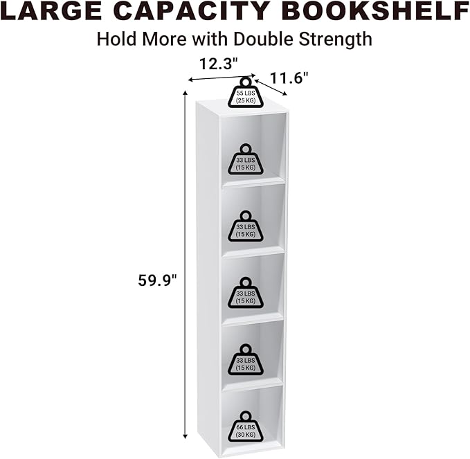 5 Tier Bookshelf, Open Tall Narrow Floor Standing Bookcase, Wooden Book Shelf Display Organizer for Home Office, Study (White, 5 Cube)